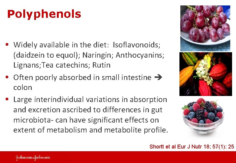 Polyphenols § Widely available in the diet: Isoflavonoids; (daidzein to equol); Naringin; Anthocyanins; Lignans;