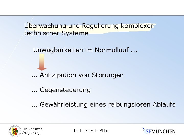 Überwachung und Regulierung komplexer technischer Systeme Unwägbarkeiten im Normallauf. . . Antizipation von Störungen.