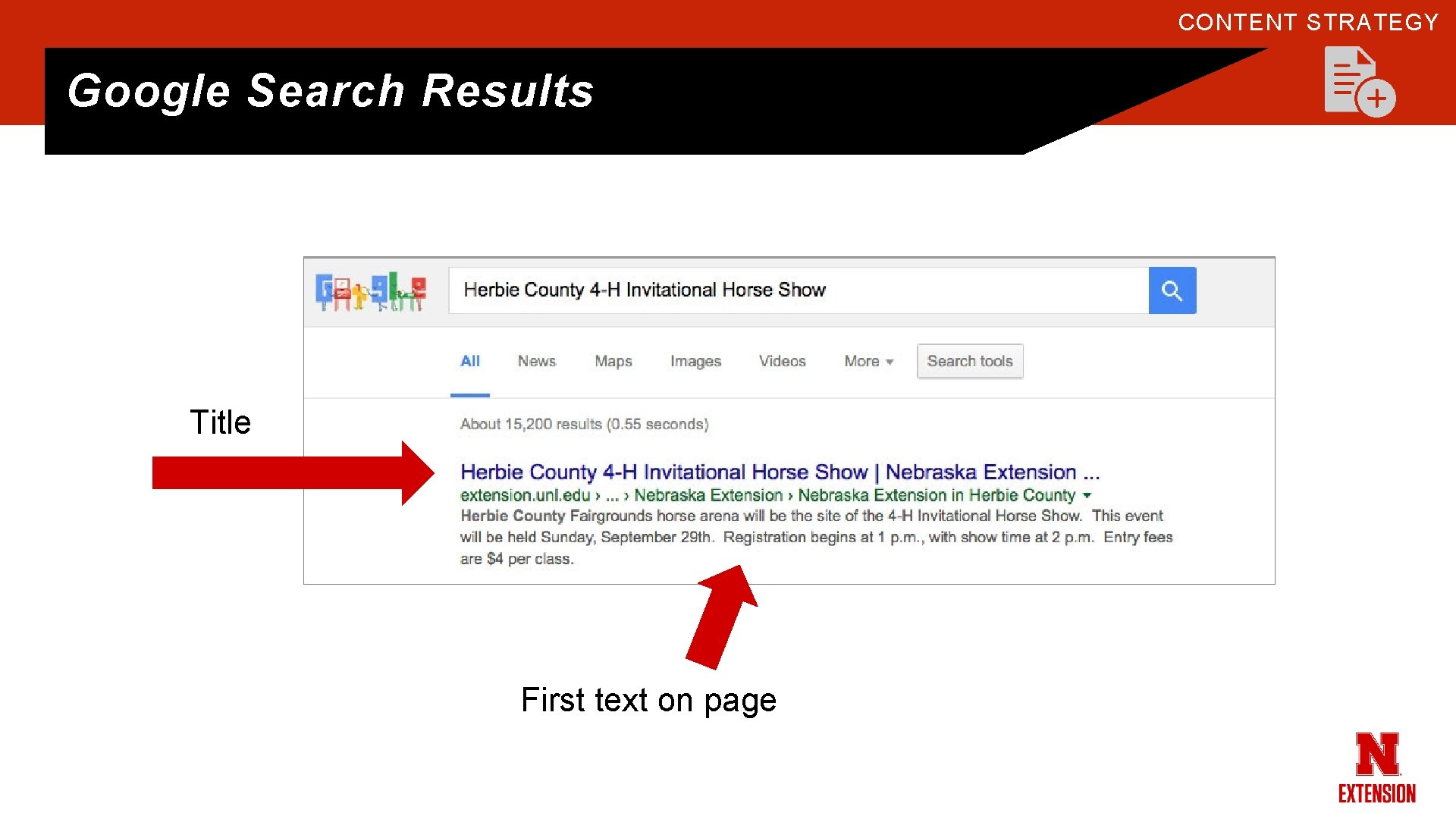 CONTENT STRATEGY Google Search Results Title First text on page 