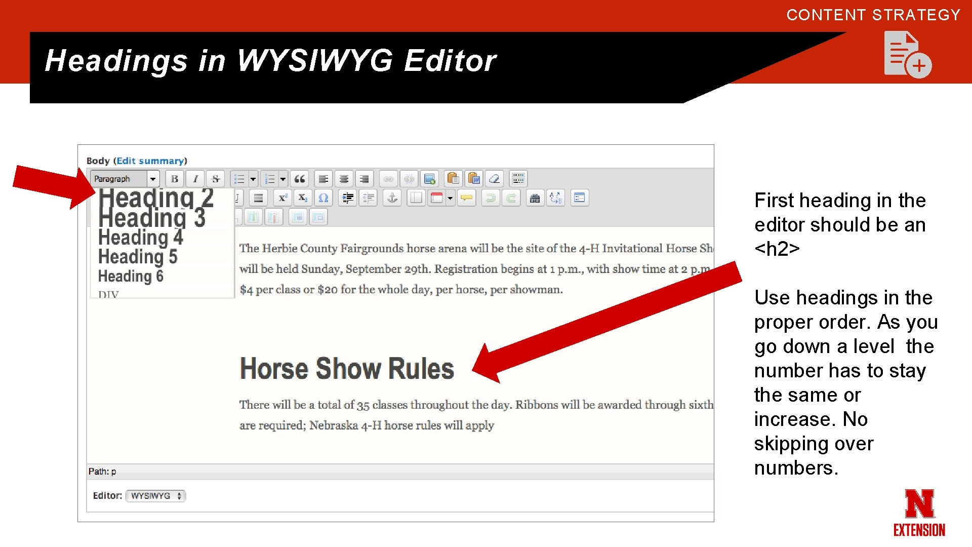 CONTENT STRATEGY Headings in WYSIWYG Editor First heading in the editor should be an