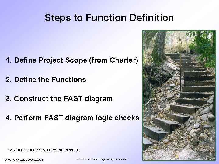 Steps to Function Definition 1. Define Project Scope (from Charter) 2. Define the Functions