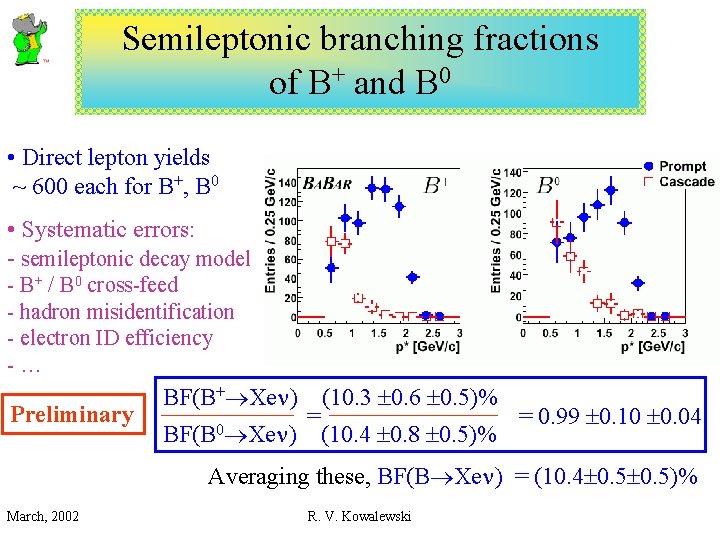 Semileptonic branching fractions of B+ and B 0 • Direct lepton yields ~ 600