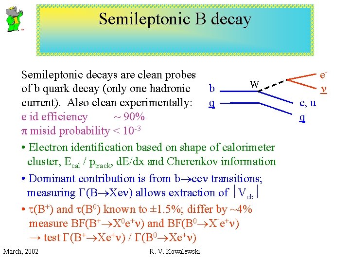 Semileptonic B decay Semileptonic decays are clean probes W of b quark decay (only