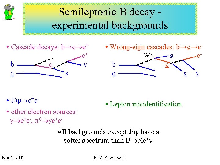 Semileptonic B decay experimental backgrounds • Cascade decays: b→c→e+ e+ b c ν q