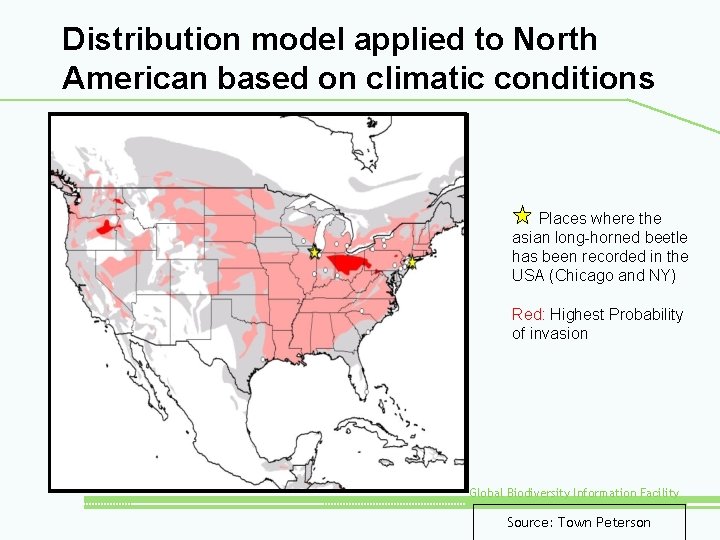 Distribution model applied to North American based on climatic conditions Places where the asian