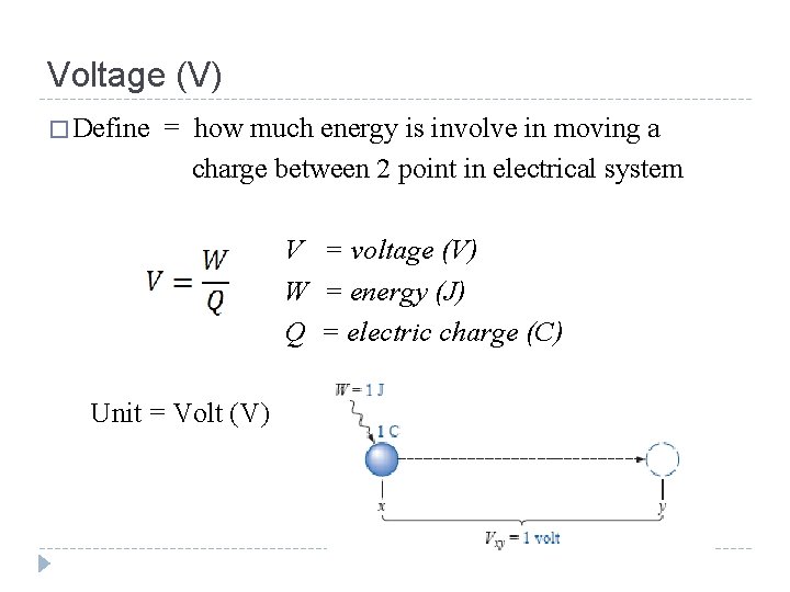 Voltage (V) � Define = how much energy is involve in moving a charge