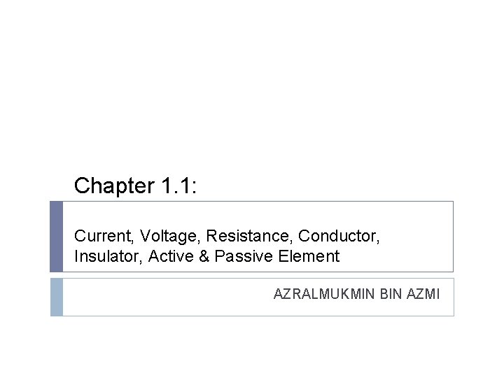 Chapter 1. 1: Current, Voltage, Resistance, Conductor, Insulator, Active & Passive Element AZRALMUKMIN BIN