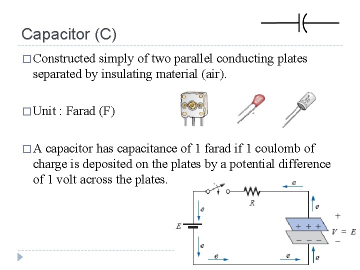 Capacitor (C) � Constructed simply of two parallel conducting plates separated by insulating material