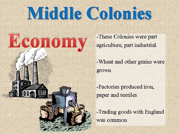 Middle Colonies Economy -These Colonies were part agriculture, part industrial -Wheat and other grains