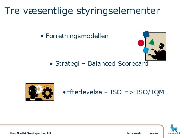 Tre væsentlige styringselementer • Forretningsmodellen • Strategi – Balanced Scorecard • Efterlevelse – ISO