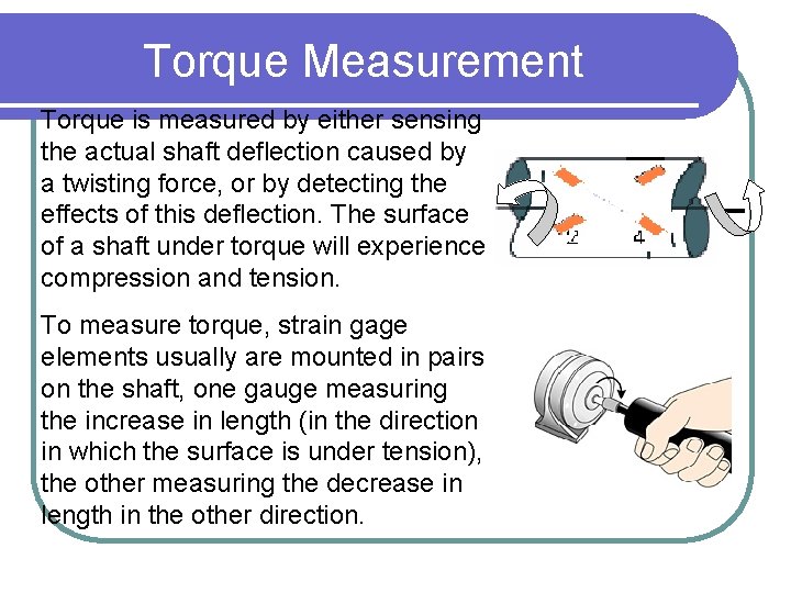 Torque Measurement Torque is measured by either sensing the actual shaft deflection caused by