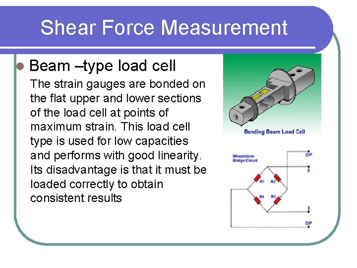 Shear Force Measurement l Beam –type load cell The strain gauges are bonded on