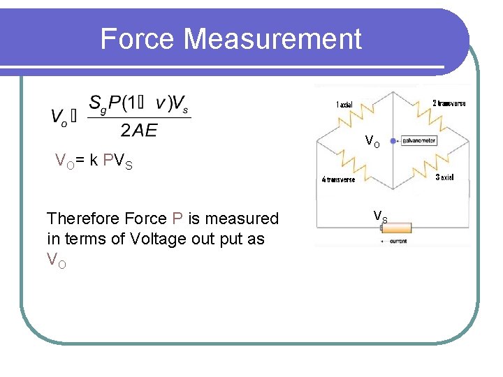 Force Measurement VO VO= k PVS Therefore Force P is measured in terms of