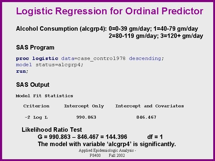 Logistic Regression for Ordinal Predictor Alcohol Consumption (alcgrp 4): 0=0 -39 gm/day; 1=40 -79