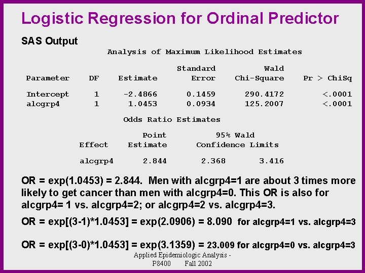 Logistic Regression for Ordinal Predictor SAS Output Analysis of Maximum Likelihood Estimates Parameter DF
