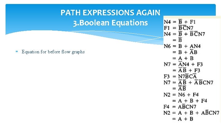 PATH EXPRESSIONS AGAIN 3. Boolean Equations Equation for before flow graphs 