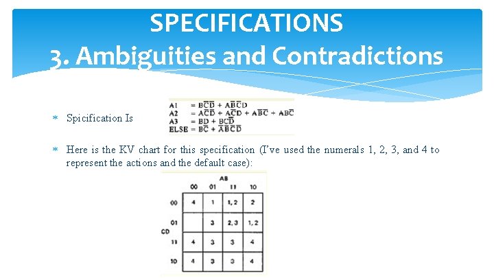 SPECIFICATIONS 3. Ambiguities and Contradictions Spicification Is Here is the KV chart for this