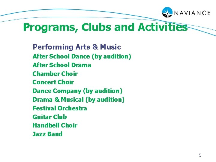 Programs, Clubs and Activities Performing Arts & Music After School Dance (by audition) After