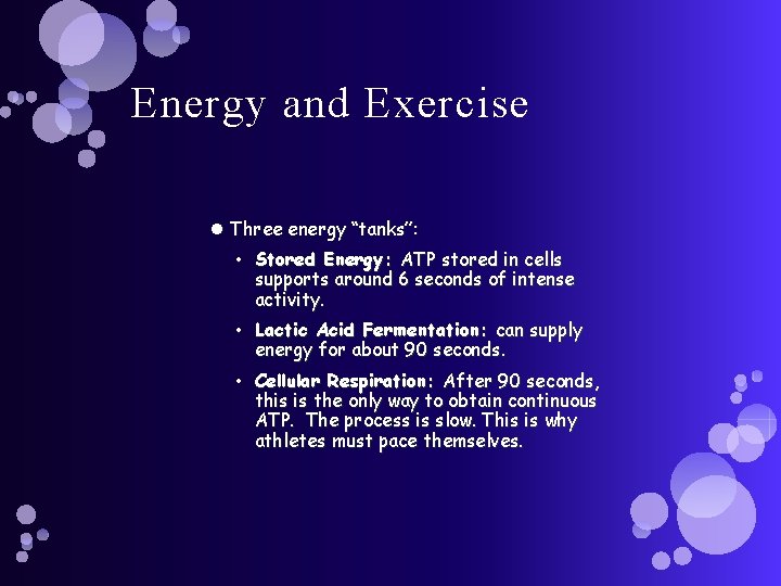 Energy and Exercise Three energy “tanks”: • Stored Energy: ATP stored in cells supports