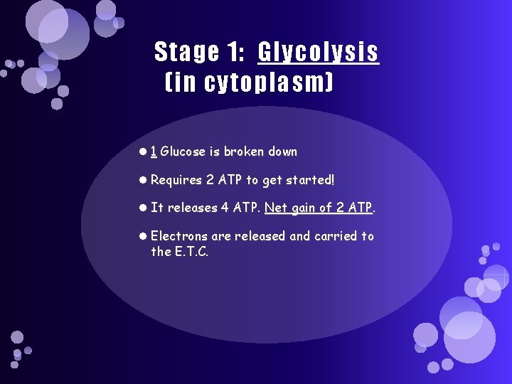 Stage 1: Glycolysis (in cytoplasm) 1 Glucose is broken down Requires 2 ATP to