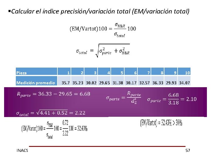 §Calcular el índice precisión/variación total (EM/variación total) Pieza Medición promedio INACS 1 2 3