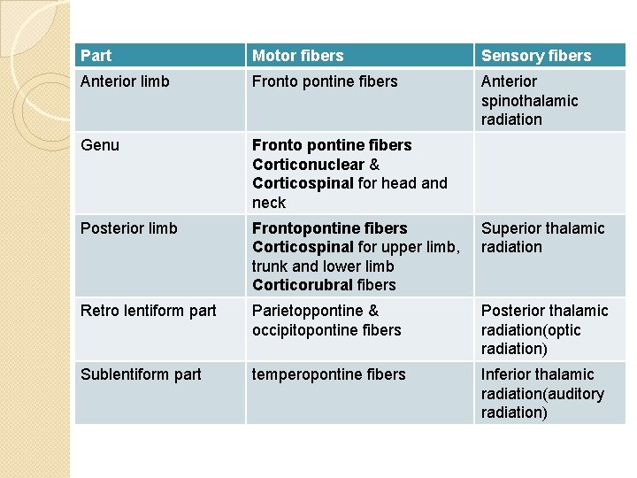 Part Motor fibers Sensory fibers Anterior limb Fronto pontine fibers Anterior spinothalamic radiation Genu