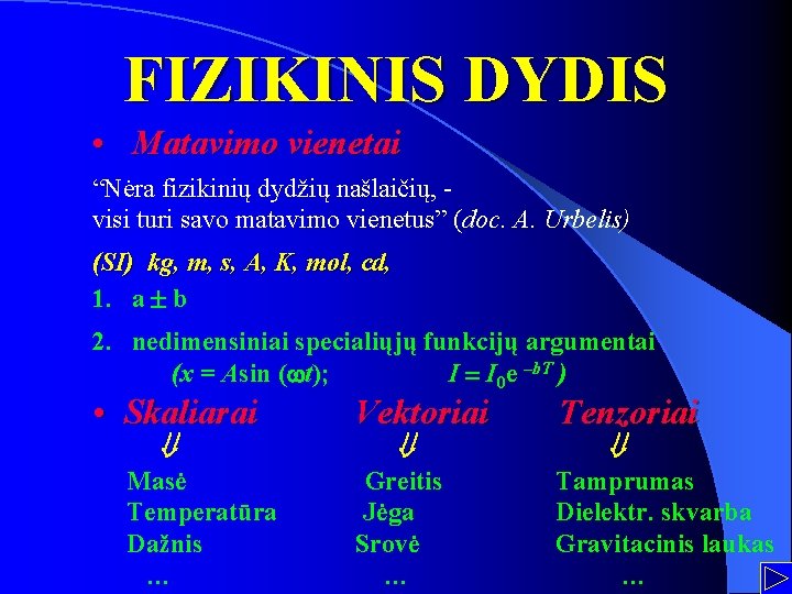 FIZIKINIS DYDIS • Matavimo vienetai “Nėra fizikinių dydžių našlaičių, visi turi savo matavimo vienetus”