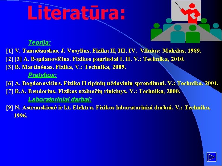 Literatūra: Teorija: [1] V. Tamašauskas, J. Vosylius. Fizika II, IV. Vilnius: Mokslas, 1989. [2]