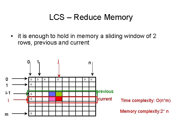 LCS – Reduce Memory • it is enough to hold in memory a sliding LCS – Reduce Memory • it is enough to hold in memory a sliding