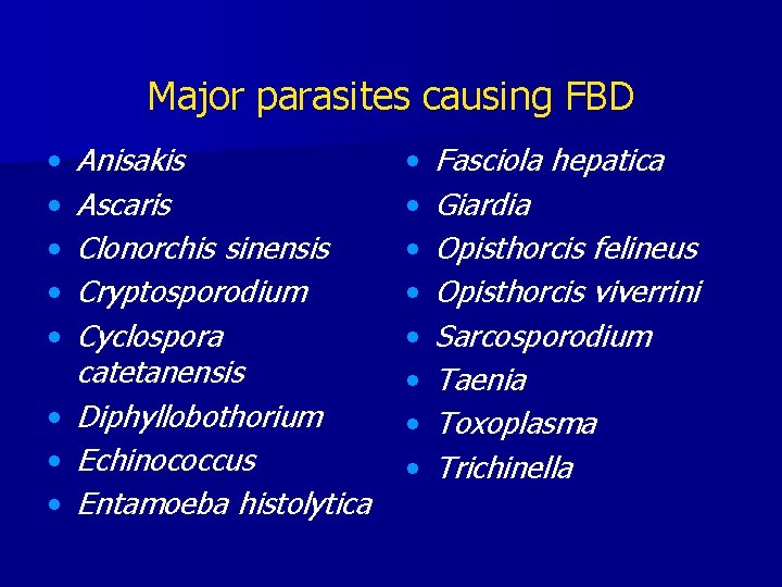 Major parasites causing FBD Anisakis Ascaris Clonorchis sinensis Cryptosporodium Cyclospora catetanensis • Diphyllobothorium • Major parasites causing FBD Anisakis Ascaris Clonorchis sinensis Cryptosporodium Cyclospora catetanensis • Diphyllobothorium •