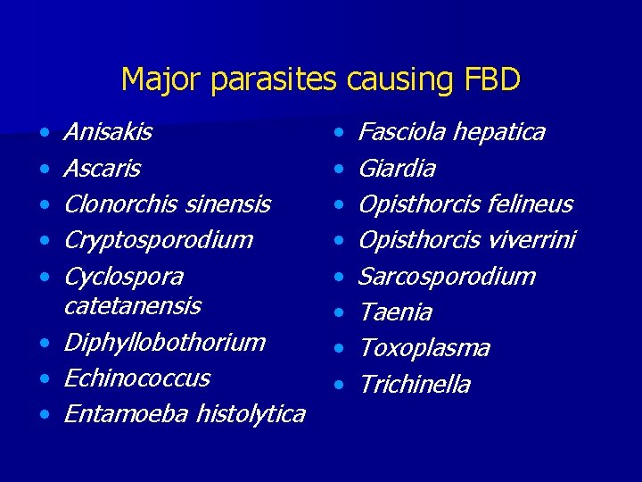 Major parasites causing FBD Anisakis Ascaris Clonorchis sinensis Cryptosporodium Cyclospora catetanensis • Diphyllobothorium •