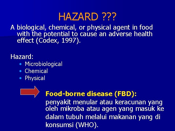 HAZARD ? ? ? A biological, chemical, or physical agent in food with the