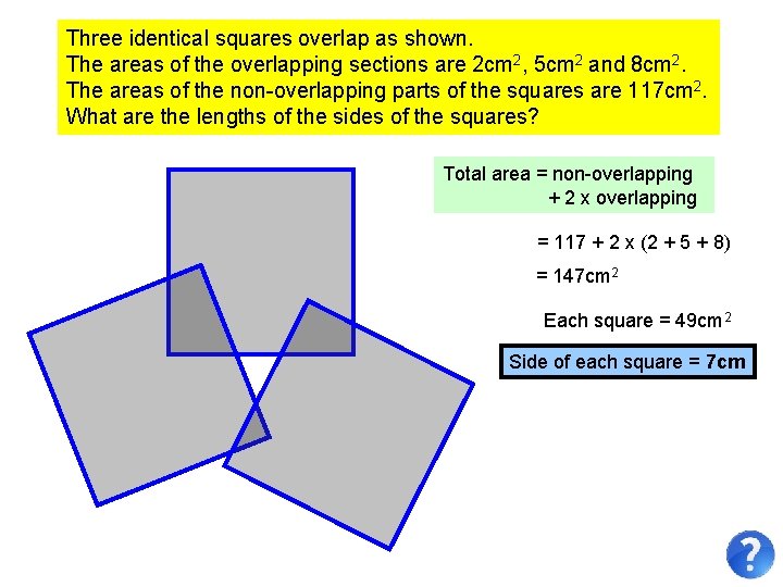 Three identical squares overlap as shown. The areas of the overlapping sections are 2