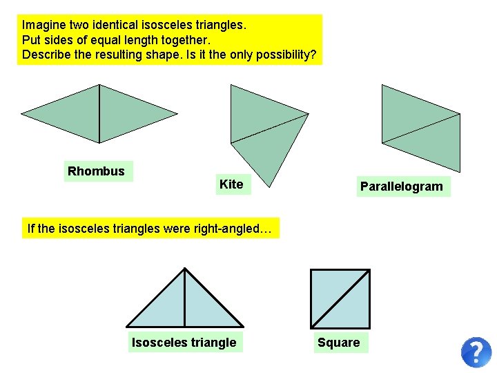 Imagine two identical isosceles triangles. Put sides of equal length together. Describe the resulting