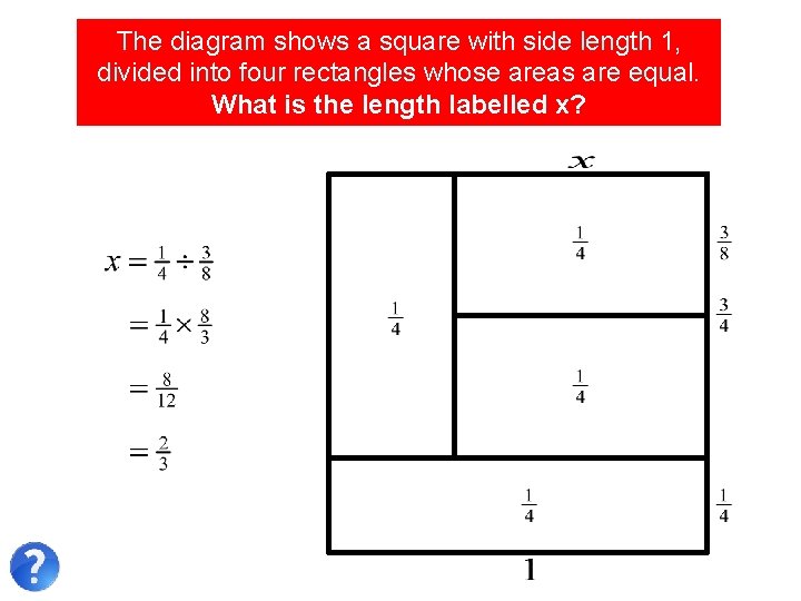 The diagram shows a square with side length 1, divided into four rectangles whose