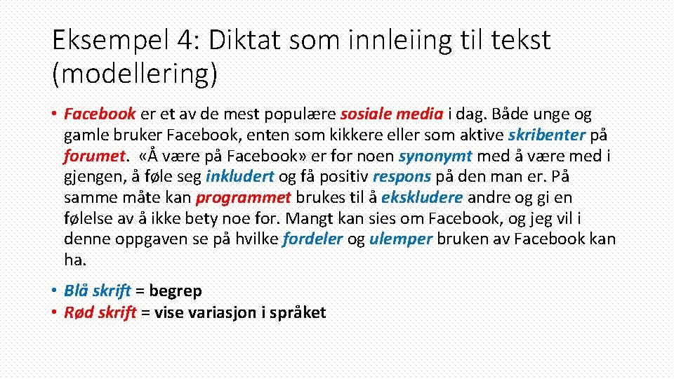 Eksempel 4: Diktat som innleiing til tekst (modellering) • Facebook er et av de