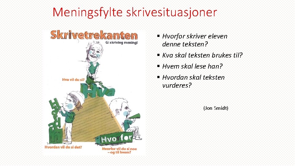 Meningsfylte skrivesituasjoner § Hvorfor skriver eleven denne teksten? § Kva skal teksten brukes til?