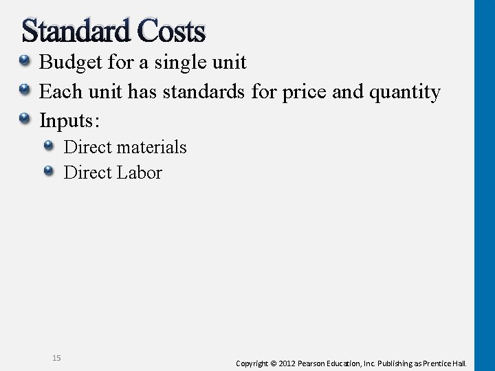 Standard Costs Budget for a single unit Each unit has standards for price and