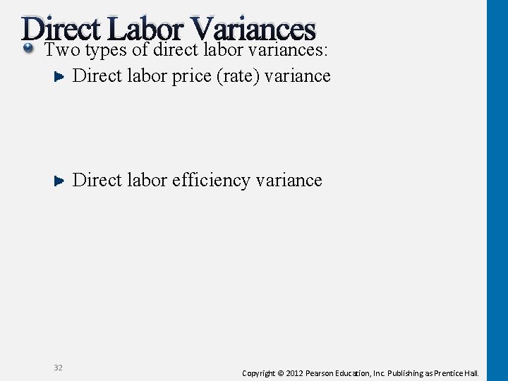 Direct Labor Variances Two types of direct labor variances: Direct labor price (rate) variance