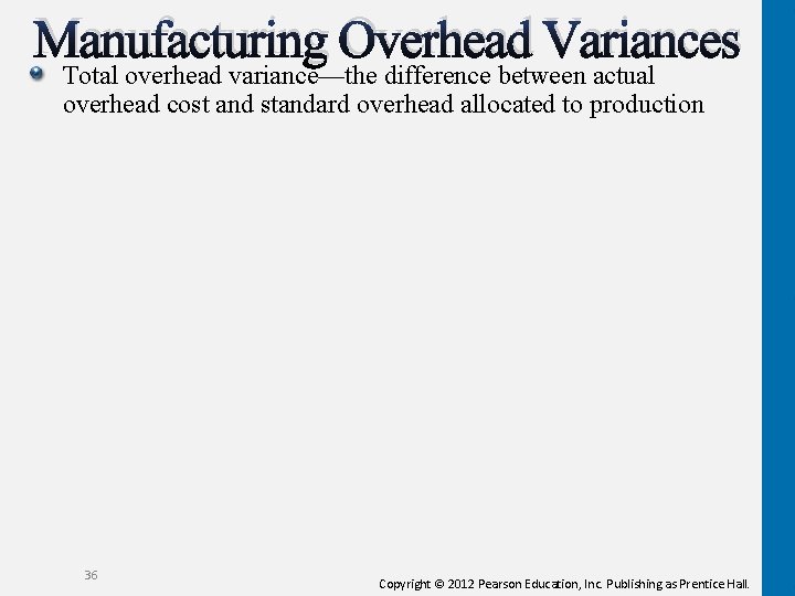 Manufacturing Overhead Variances Total overhead variance—the difference between actual overhead cost and standard overhead