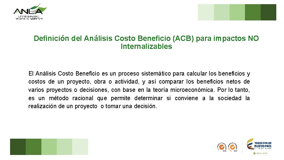 Definición del Análisis Costo Beneficio (ACB) para impactos NO Internalizables El Análisis Costo Beneficio