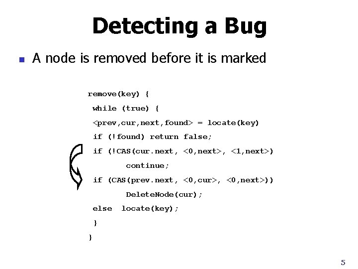 Detecting a Bug n A node is removed before it is marked remove(key) {