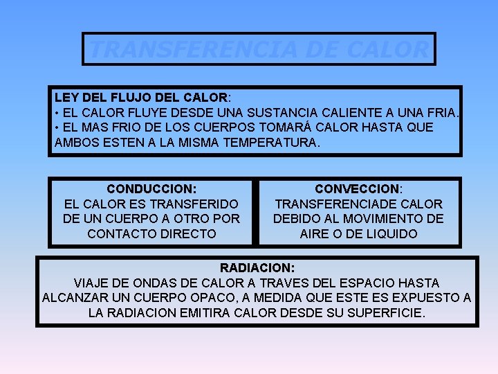 TRANSFERENCIA DE CALOR LEY DEL FLUJO DEL CALOR: • EL CALOR FLUYE DESDE UNA