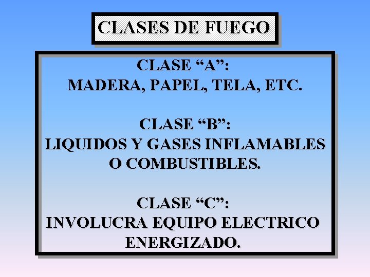 CLASES DE FUEGO CLASE “A”: MADERA, PAPEL, TELA, ETC. CLASE “B”: LIQUIDOS Y GASES