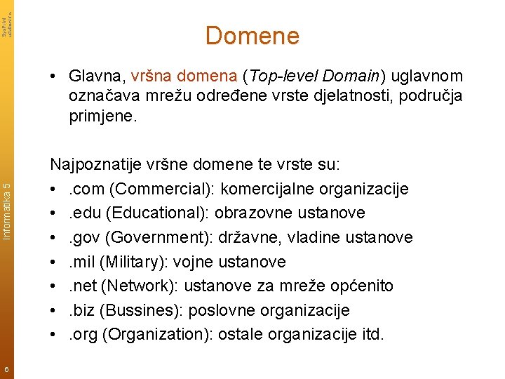 Sys. Print udzbenik. hr Domene Informatika 5 • Glavna, vršna domena (Top-level Domain) uglavnom