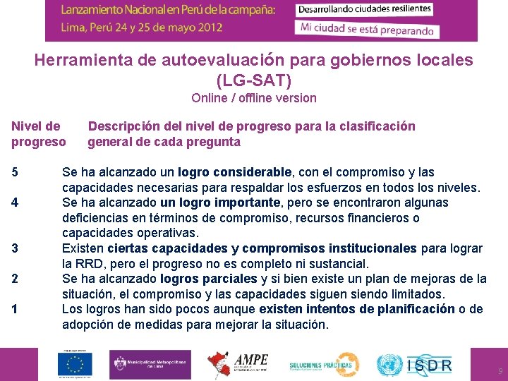 Herramienta de autoevaluación para gobiernos locales (LG-SAT) Online / offline version Nivel de progreso