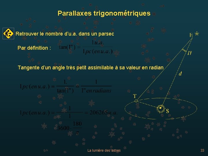 Parallaxes trigonométriques Retrouver le nombre d’u. a. dans un parsec Par définition : Tangente