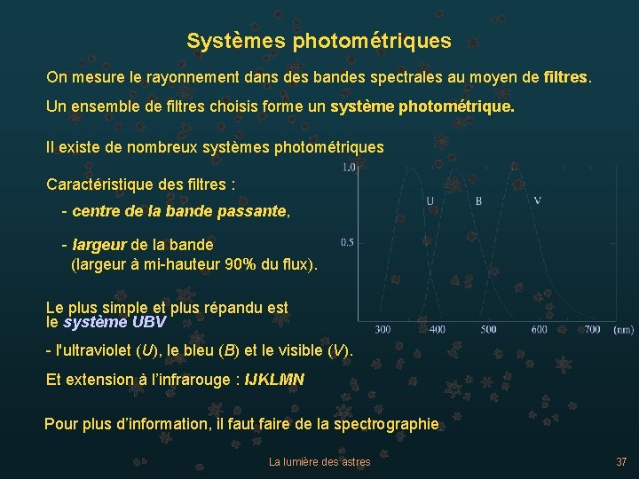 Systèmes photométriques On mesure le rayonnement dans des bandes spectrales au moyen de filtres.