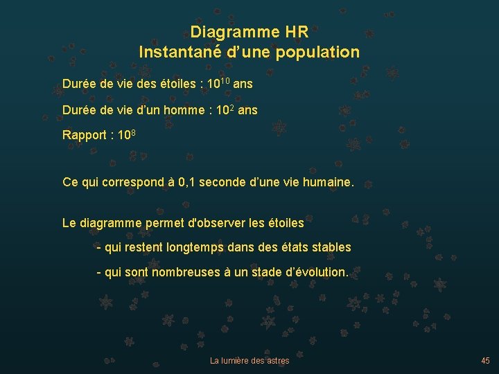 Diagramme HR Instantané d’une population Durée de vie des étoiles : 1010 ans Durée