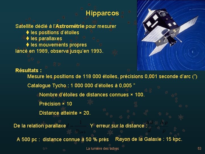 Hipparcos Satellite dédié à l’Astrométrie pour mesurer les positions d’étoiles parallaxes les mouvements propres